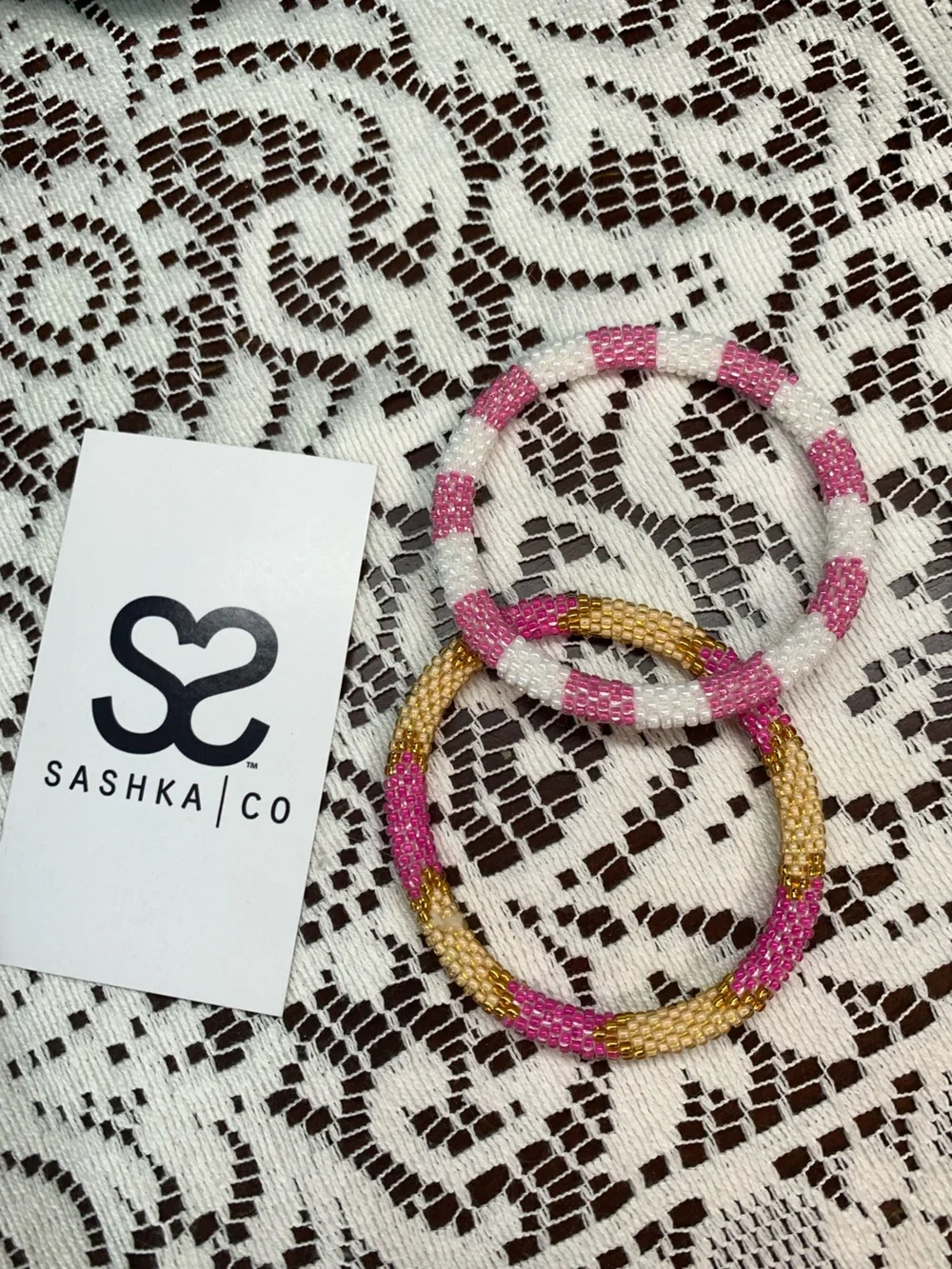 Pink/White and Peach/Pink/Gold Beaded Bracelet Set